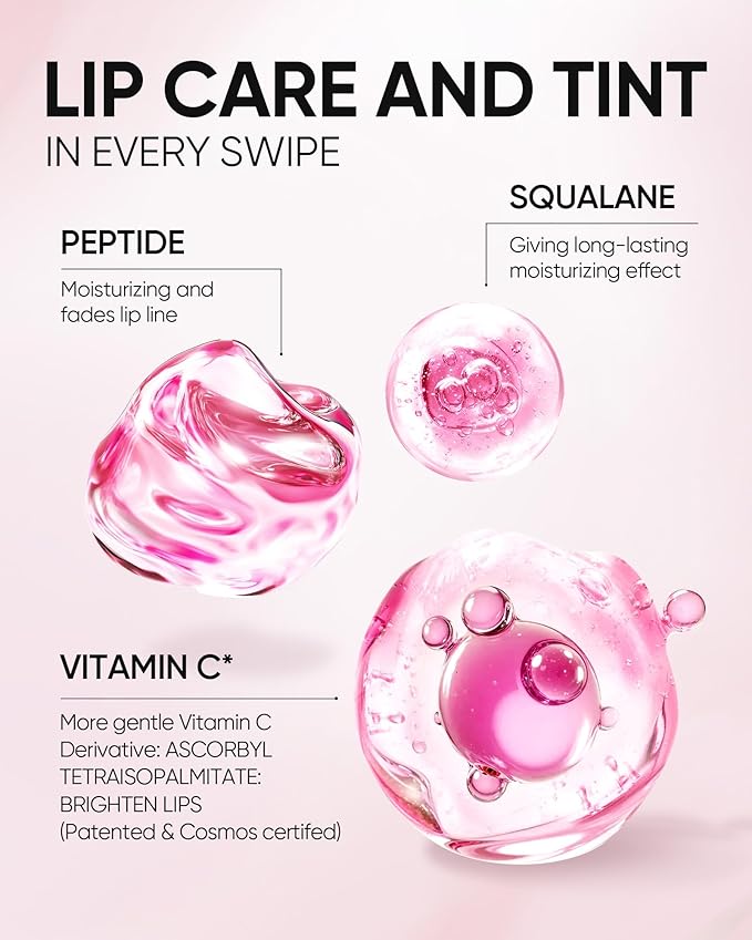 Hydrating Brightening Lip Serum, Smooth Tinted Lip Stain, Plumping Lip Gloss with Polypeptide Squalane, Moisturizing Balms, Brighten Dark Lips, Korean Beauty Makeup (02 Coral Rose)