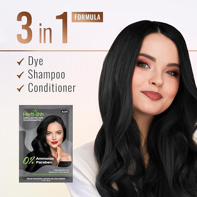 Herbishh Travel Pack Hair Dye Color Shampoo + 15pc Argan Hair Mask Sachet (Black, 15 Sachets)