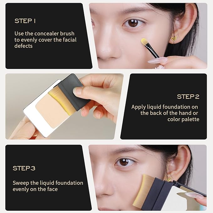 MSQ Foundation Brush Set, 2PCS Angled Ultra Thin Foundation Brushes and 1PCS Mini Concealer Brush with Case and Mirror, Travel Cosmetic Brushes for Liquid Foundation, Concealer