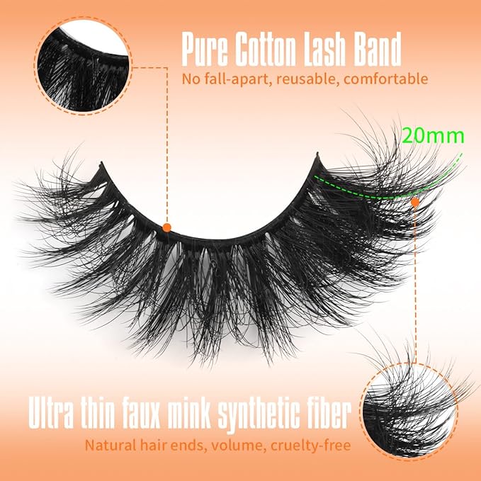 Mink Lashes Fluffy False Eyelashes 20mm 3D Volume Cat Eye Lashes Faux Mink Eyelash Wispy Fake Eyelashes Long Thick Strips Lash Pack, 7 Pairs