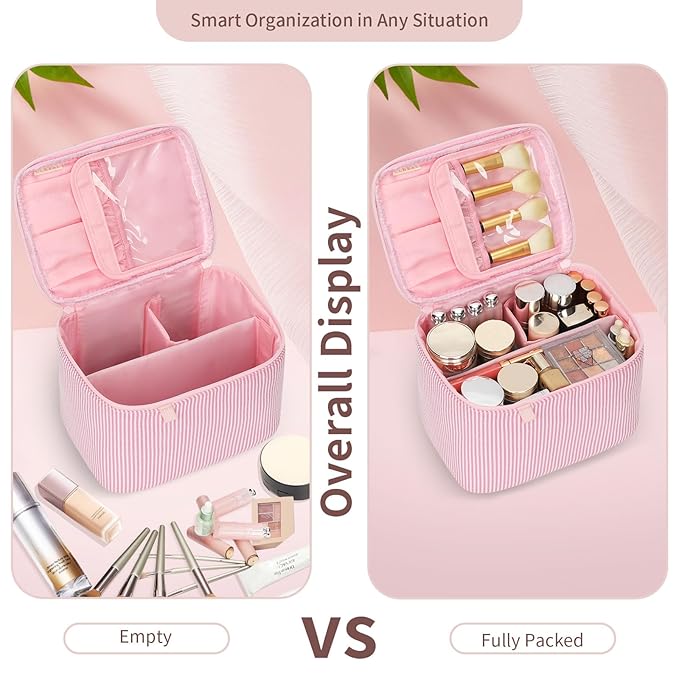 OCHEAL Makeup Bag Large Capacity Travel Make up Pouch for Cosmetics, Vertical Storage with Divider Toiletry Bag for Skincare Organization-Pink