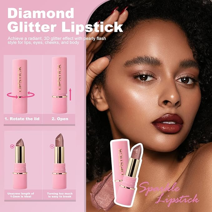 Glitter Lipstick Metallic Lip Stick Long Lasting Waterproof High Shine Diamond Creamy Shimmer Lipstick for Women Transfer Proof Full Coverage Sparkling Brown Red Lip Crayon Color Makeup, 8