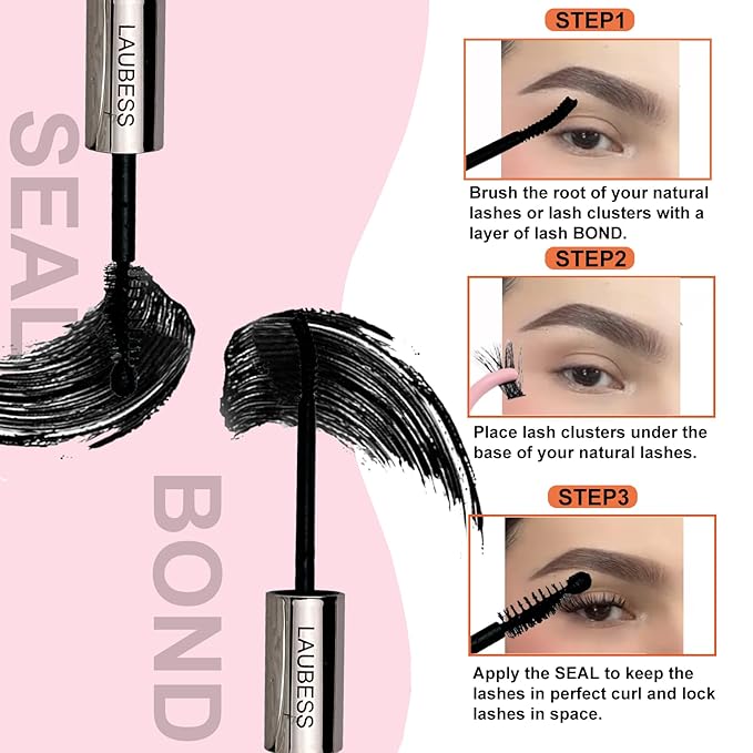 Lash Bond and Seal Lash Glue Waterproof LAUBESS 2-in-1 Cluster Lash Glue for Eyelash Clusters 72H 10ml (Black/Black)