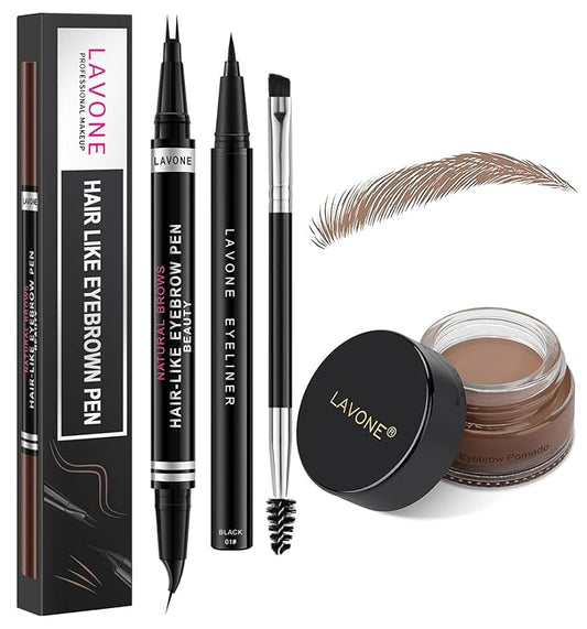 LAVONE Hair-Like Eyebrow Pen Makeup kit, Eyebrow Pencils for Women with Waterproof Microblading Eyebrow Pencil, Eyebrow Pomade, Eyeliner and Eyebrow Brush, Create Full, Natural Brows, Ash Brown