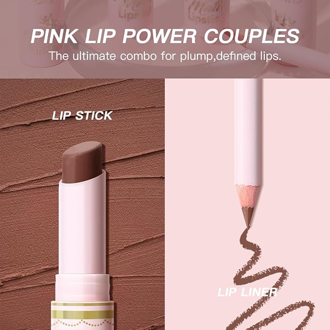 USHAS Lipstick and Lip Liner Combo Set 2 in 1 Waterproof Lipstick and 24H Lip liner Set Long Lasting Lipsticks for Women, Matte Lipstick Pen with Lip Liner Makeup Kits Set