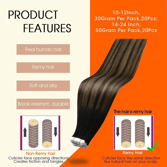 Full Shine Ombre Tape in Extensions Human Hair Color Balayage 1B/6/1B Hair Extensions Tape ins Invisible Tape ins Human Hair Extensions 16 Inch Seamless Straight Extension 50Gram 20Pcs for Party