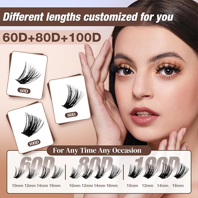 Lash Clusters Kit, DIY Cluster Eyelash Extensions 9‑16mm, 60D+80D+100D, 224pcs Fluffy D Curl Natural Lashes with Bond & Seal,Remover,Tweezers,Brush–Fake Cat Eye Individual Clusters