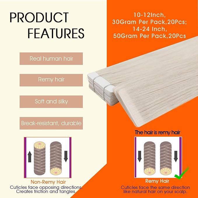 Full Shine Hair Extensions Real Human Hair Tape in Color 1000 Tape in Extensions Human Hair Injection Seamless Skin Weft Soft Straight Extension No Damage 50G 20Pcs Daily Office Look 20Inch