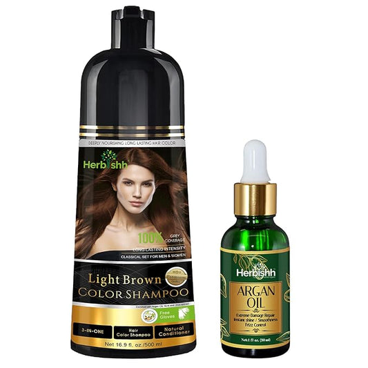 Herbishh Light Brown Hair Color Shampoo - 3-In-1 Magic Dye for Gray Hair 500 Ml + Argan Oil for Dull, Dry Damaged Hair 30ML
