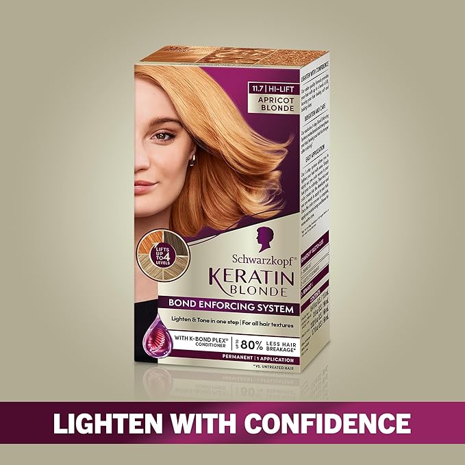 Schwarzkopf Keratin Blonde Hair Dye, 11.7 Apricot Blonde, Professional Quality Hi-Lift Permanent Hair Color, Bond Enforcing System Helps Prevent Breakage* Pre-Color Serum & Conditioner Included