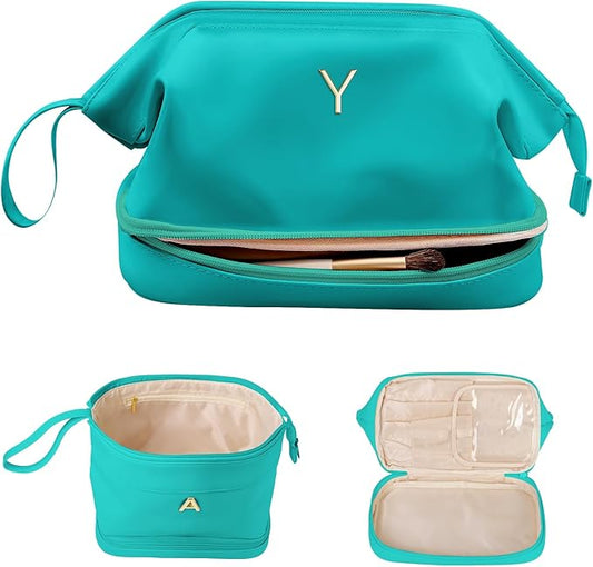 College Girl Gift Ideas, Birthday Gift for Her, Makeup Bag, Waterproof Double Layer Cosmetic Bag, Large Capacity PU Leather Makeup Bags Letter Travel Toiletry Bag, Initial Gifts for Coworkers