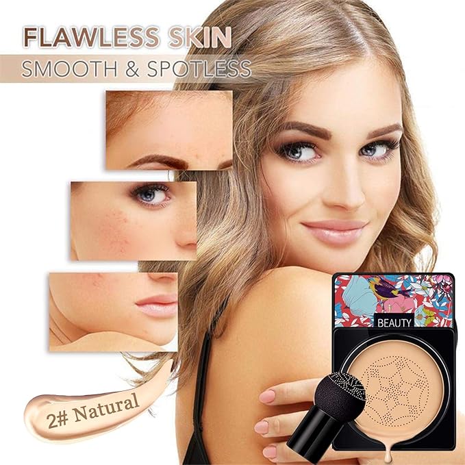 NUIBO 2PCS Air Cushion CC Cream Mushroom Head, Moisturizing Concealer Makeup Base, Primer Liquid Foundation Long Lasting with Two Mushroom Makeup Sponges 【1 X Natural & 1 X Ivory】