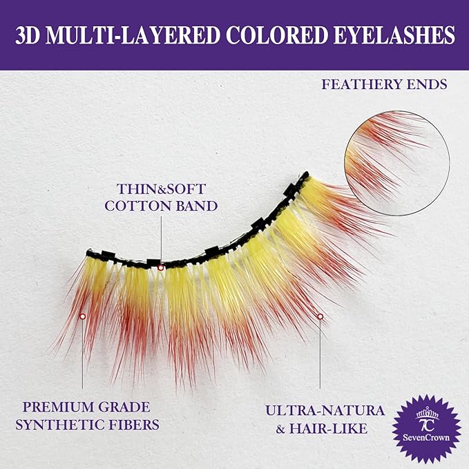 Magnetic Eyelashes Colored Eyelashes for Halloween Party Cosplay Makeup Kit,Yellow mix Red Look,10 Pairs Wispy Color Magnetic Lashes with Eyeliner,18-23MM Fake Eyelash Cruelty-Free & Vegan