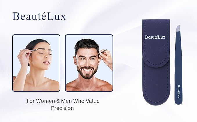 Slant Tip Eyebrow Tweezer for women & men – Stainless Steel Tweezers, Stocking Stuffer for women & men Facial Hair Removal tweezers for Chin hair, Ingrown Hair tweezer, Blue Travel tweezers with case