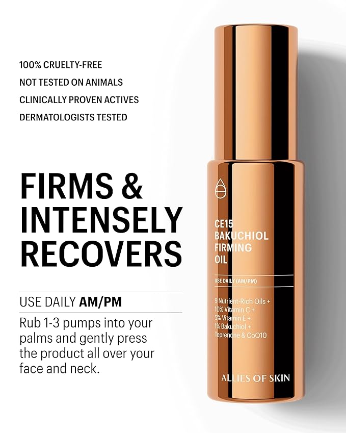 Allies of Skin CE15 Bakuchiol Firming Face Oil | Deeply Hydrating Retinol Alternative for Youthful Skin | 21 Active Ingredients with 10% Vitamin C, 5% Vitamin E and CoEnzyme Q10 | 1 fl oz