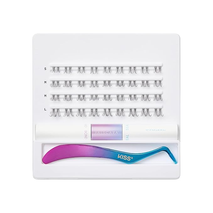FALSCARA Clear Band False Eyelashes, Lash Extension Kit, Feathery & Wispy, Natural Volume, 8mm-10mm-12mm, Includes Bond & Seal, Precision Applicator & 36 Lash Clusters