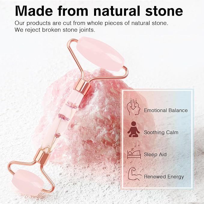 Raffaello Jade Roller - Natural Pink Facial Roller, Redness Reducing Massager for Face, Eyes, Neck - Rose Quartz