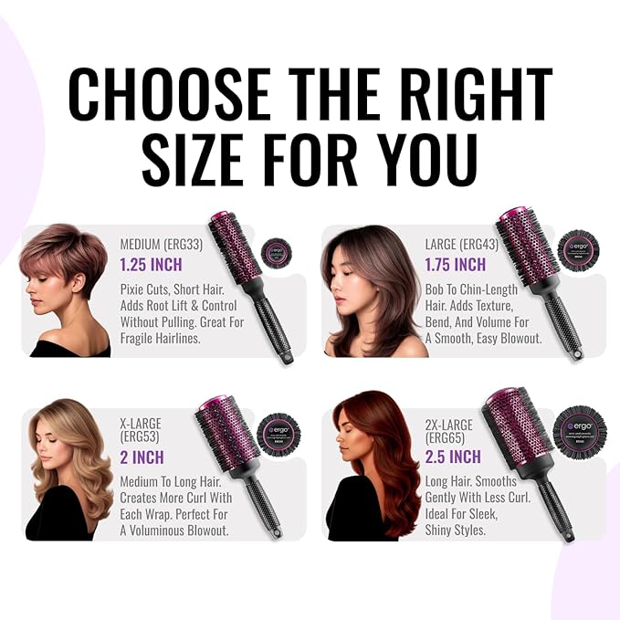 ERGO Super Gentle Round Brush for Blow Out - Salon Quality Hair Styling for Women - Roller for Wet and Dry Hair - Volumizing Care Blowout - ERG33:1.25"