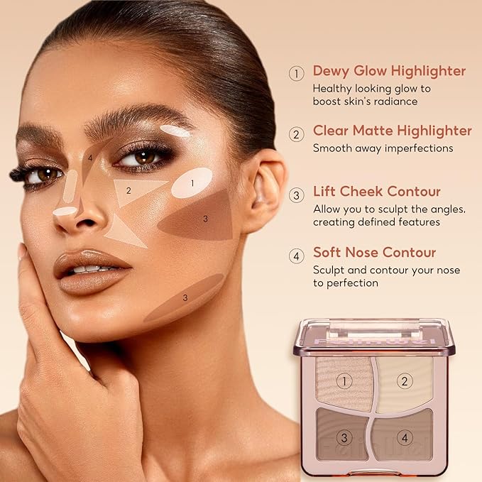 Highlight Contour Makeup Palette Effortless Blending Matte Shimmer Highlighter Palette and Bronzer Powder for Warm Toned Skin