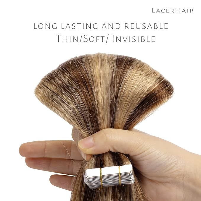 Lacer Remy Human Hair Extensions Tape in Highlight Dark Brown to Golden Brown Tape in Human Hair Extensions PU Skin Weft 100% Real Virgin Invisible Hair Double Side 50g 20pcs/set 18 Inch
