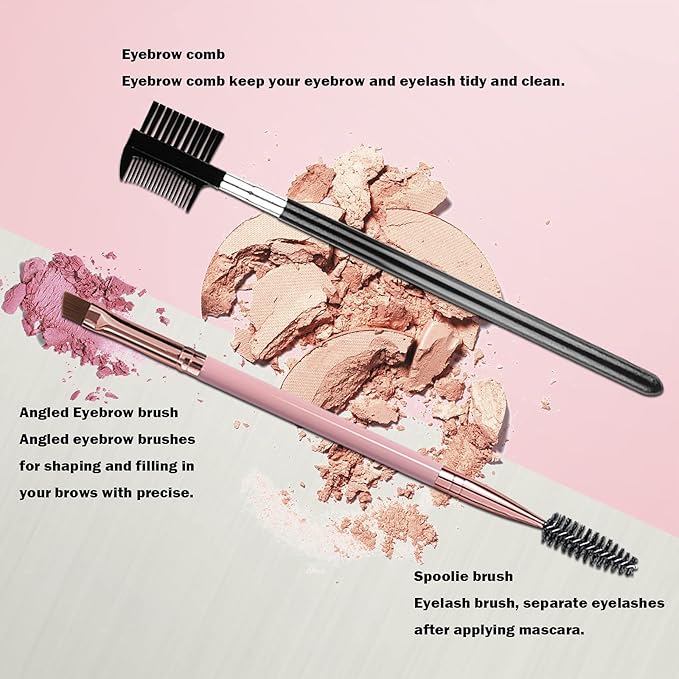 Duo Eyebrow Brush and Eyelash Comb Set - Professional Angled Brow Brush and Spoolie - Black and Pink