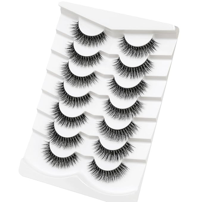 3D Clear Band Lashes 14mm Natural Soft Faux Mink Lashes C/D Curl Cat Eye Wispy Fake Eyelashes Short Cross Reusable False EyeLashes 7 Pairs (No.207)