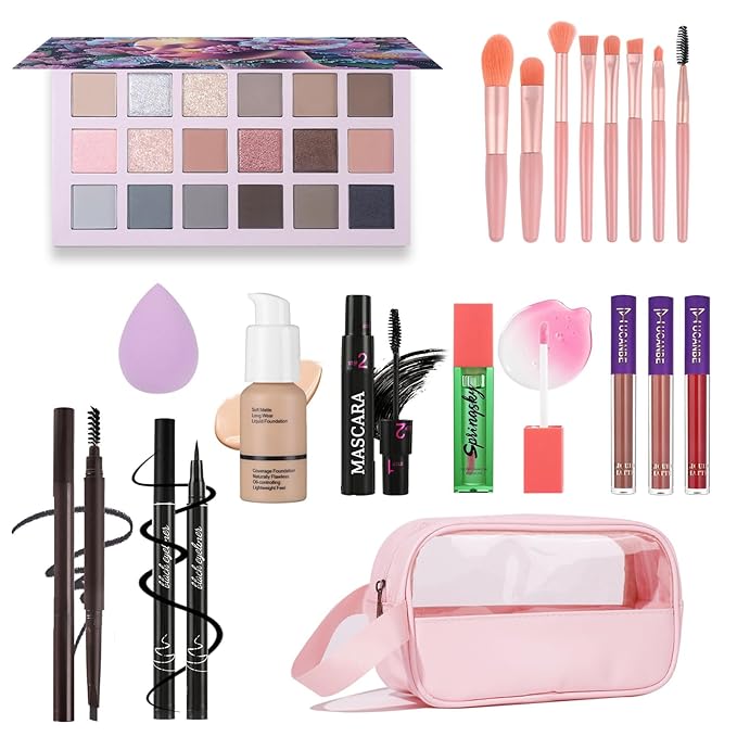 Full Makeup Kit for Women - 18 Eyeshadows, 3 Lipsticks, Blush Oil, Mascara, Eyeliner, Eyebrow Pencil, Foundation, Sponge, Makeup Bag & 8pcs Brushes