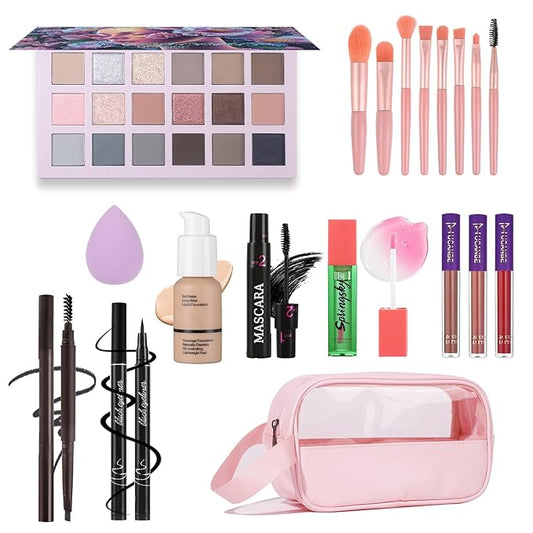 Full Makeup Kit for Women - 18 Eyeshadows, 3 Lipsticks, Blush Oil, Mascara, Eyeliner, Eyebrow Pencil, Foundation, Sponge, Makeup Bag & 8pcs Brushes
