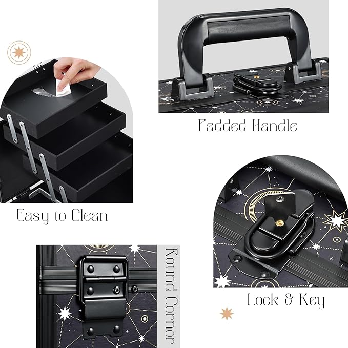 Joligrace 11.8 inch Makeup Train Case Cosmetic Organizer Box Lockable with 3 Trays and a Brush Holder Pattern Collection - Star Chart