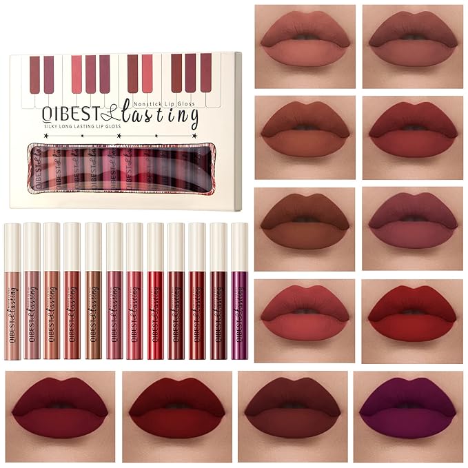 Matte Liquid Lipstick Set - 12 Pcs Long Lasting & Waterproof Lipstick Kit, Non Transfer Lip Stain with Nude, Dark Red | Full Coverage Lip Gloss Makeup Set for Women