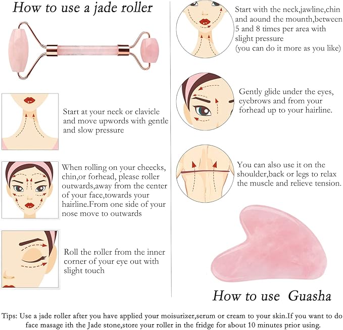 HOTACE Jade Roller Gua Sha Set Natural Rose Quartz Jade Roller for Face Beauty Facial Roller Massager Tools Face Skin Care Tools-Pink