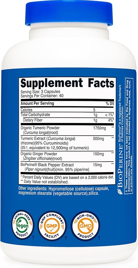 Nutricost Turmeric + Ginger Capsules with Bioperine, 2400mg Per Serving, 120 Capsules - GMO-Free, Gluten-Free, 40 Servings