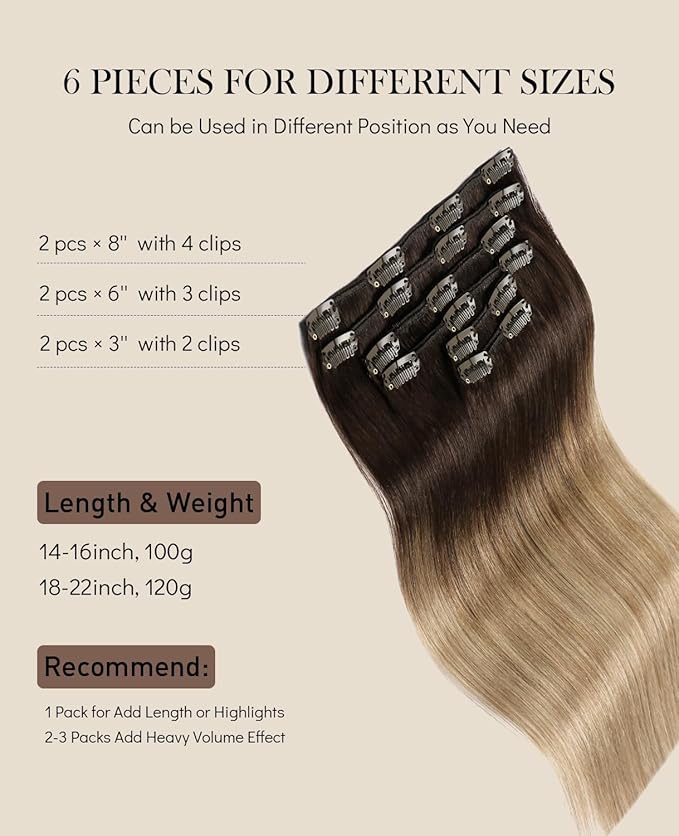 VINBAO Clip in Human Hair Extensions Balayage, Color Dark Brown to Chestnut Brown And Ash Brown, 6pcs Double Weft Clip in Hair Extensions Silky Straight 18inch 120g (#2/6/18,18)