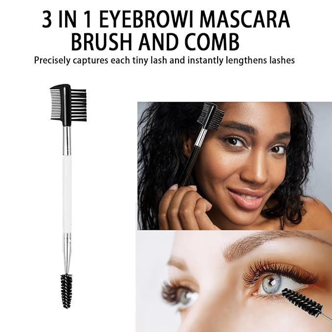 2PCS Eyebrow Eyelash Brush 3 Head Eyelash Comb Double Head Brush Makeup Grooming Tool Cosmetic (White)