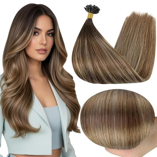 Full Shine U Tip Hair Extensions Human Hair 22 Inch 50 Grams Dark Brown Fading to Blonde and Brown Keratin Hair Extensions Real Human Hair Long Straight Remy Hair add Length