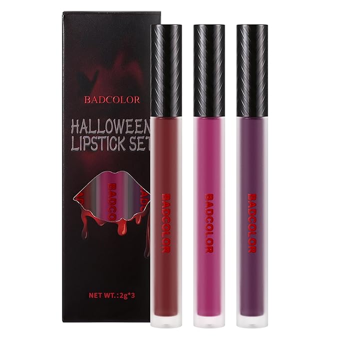 BADCOLOR 3 Colors Matte Liquid Lipstick Set, Purple Burgundy Rose Red Halloween Makeup, High Impact Long Lasting Lip Stain Velvet Nonstick Cup Smudge Proof & Waterproof Lip Gloss Set