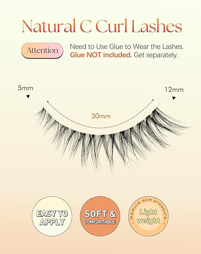 Cat Eye Lashes Wispy 12MM Eyelashes Natural Look C Curl Lash Strips with 0.1MM Clear Band 3D Volume False Lashes Pack ChirpyLuna Fake Eyelashes 7 Pair