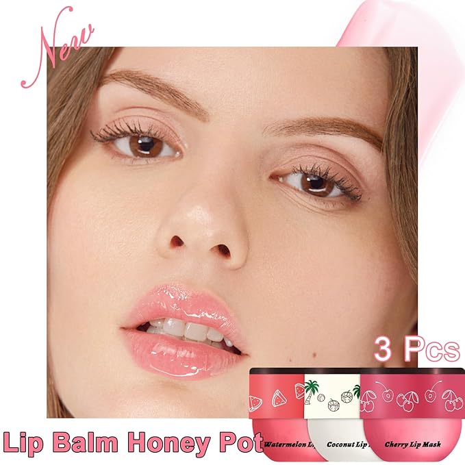 3 Pcs Bee Lip Balm Honey Pot, Honey Strawberry Apple Lip Mask Overnight, Moisturizing Lip Sleeping Mask, Hydrate Repair Prevent Dry Cracked Lip Exfoliator Lip Care (Coconut +Watermelon+Cherry)