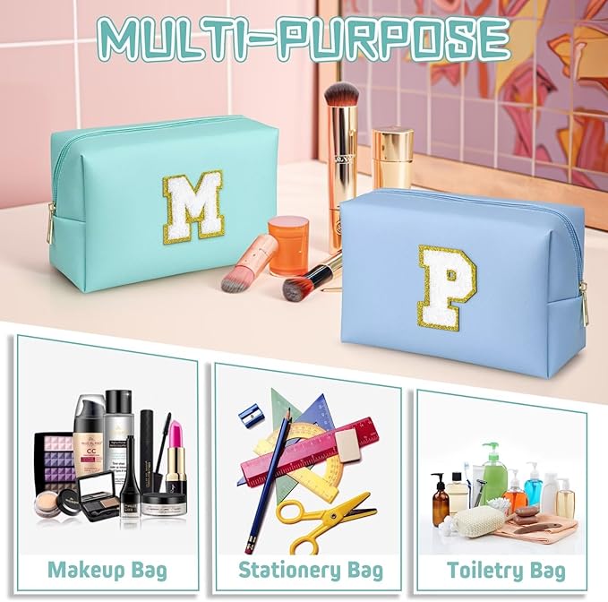 TOPEAST Monogrammed Gifts for Women, Preppy Makeup Bag Small Cosmetic Bag Travel Toiletry Bag, Personalized Birthday Gift for Girl, Wedding Bridal Shower Gifts for Bridesmaids (Blue M)