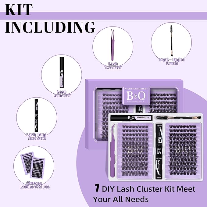 Lash Extension Kit 192 pcs Eyelash Extension Kit B01+B10 8-18mm Mixed Lash Clusters Kit Individual Lashes Kit Wispy with Lash Glue and Remover Applications Eyelash Kit (B01+B10, Kit)