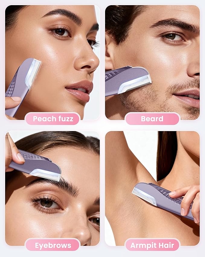 Dermaplane Razor For Women Face, 3 Adjustable Dermaplaning Tool,Facial Hair Removal Razors with Led Light for Peach Fuzz,Rechargeable Sonicsmooth Facial Hair Remover with 8 Replacement Blades (Purple)
