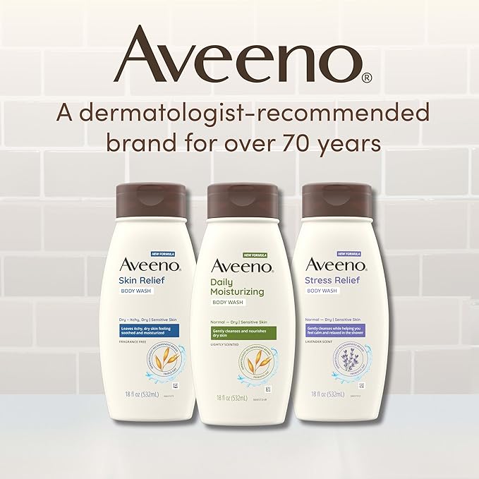 Aveeno Daily Moisturizing Body Wash for Dry & Sensitive Skin + Prebiotic Oat, Oat Body Wash & Gently Cleanses, Nourishes & Feels Hydrating on Dry Skin, Gentle & Light Fragrance, 18 fl oz