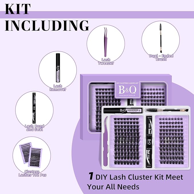 B&Q Lash Extension Kit 192 pcs Eyelash Extension Kit B19+B28 8-18mm Mixed Lash Clusters Kit Individual Lashes Kit Wispy with Lash Glue and Remover Applications Eyelash Kit (B19+B28, Kit)