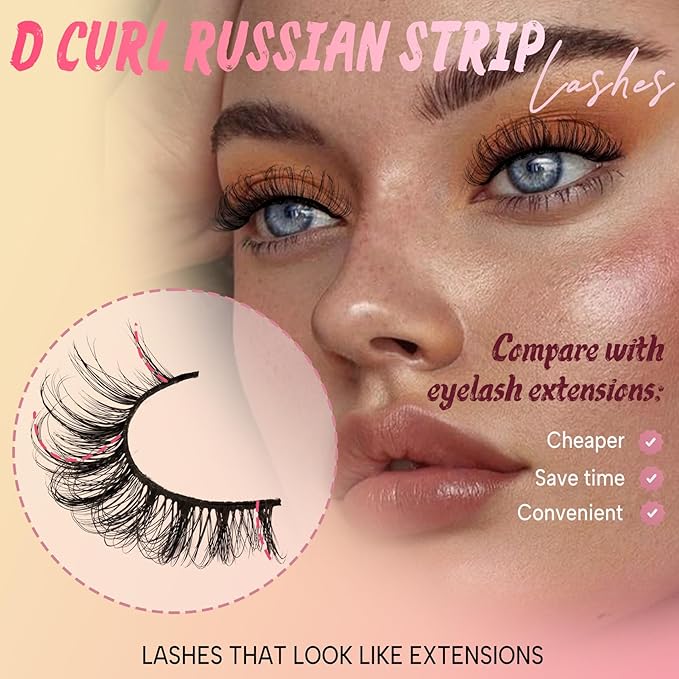 Ahrikiss Russian Strip Lashes That Look Like Extensions D Curl Fluffy False Eyelashes 10 Pairs Wispy Natural Fake Lashes Pack Fluffy 3D Volume Fake Lashes (D05)