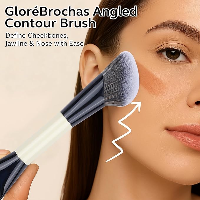 Dual-Ended Makeup Brush,Flat Top Foundation & Angled Contour Brush for Flawless Blending, Smooth Coverage & Effortless Contouring, Ideal for Foundation, Blush, Bronzer & Powder (White)