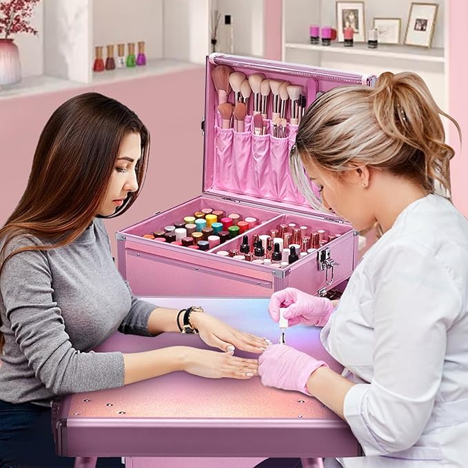 Joligrace Rolling Manicure Table 5 Drawers Foldable Nail Desk Cosmetology Case on Wheels Makeup Case with Brush Pouch for Technician Workstation Mobile Makeup Artist Trolley, Shiny Pink