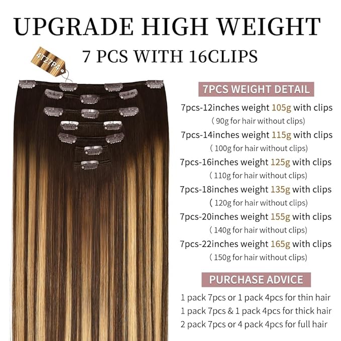 16 Inch Clip-in Hair Extensions Remy Human Hair for Women - Soft Handmade Real Human Hair Clip in Extensions, Straight, Thick, 125g 7pcs #(4T27) P4 Color