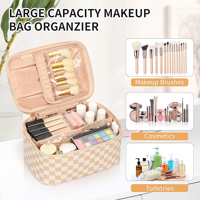OCHEAL Makeup Bag,Travel Makeup Organizer Case, Large Capacity Cosmetic Bags for Wome Travel Toiletry Bag for Girls Traveling With Brush Slot And Divider-Plaid Beige