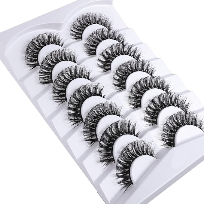 Russian Strip Lashes False Eyelashes Cat Eye Lashes Faux Mink Lashes Natural Look Fake Eyelashes Fluffy Wispy Lashes That Look Like Extensions Pestañas Postizas D Curl Lash Strips 7 Pairs Pack