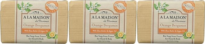A LA MAISON Triple French Milled Bar Soap, 8.8 Ounces - Natural Moisturizing Hand Soap Bar (3 Bar of Soap, 8.8 Ounces, Orange Bergamot)